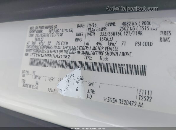 1FTYR1ZM8HKA21182 2017 FORD TRANSIT-250 White Вид підкапотного простору