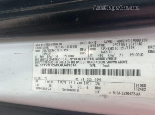 1FTYR1ZM9JKA89514 2018 FORD TRANSIT-250 White 