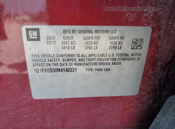 1G1FX6S00H4148331 2017 CHEVROLET BOLT Red 