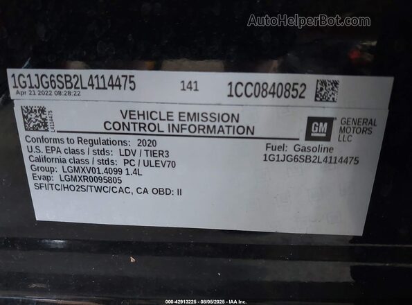 1G1JG6SB2L4114475 2020 CHEVROLET SONIC Black 