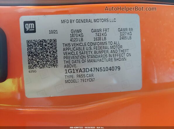 1G1YA3D47N5104079 2022 CHEVROLET CORVETTE Orange ძრავის განყოფილების ხედი
