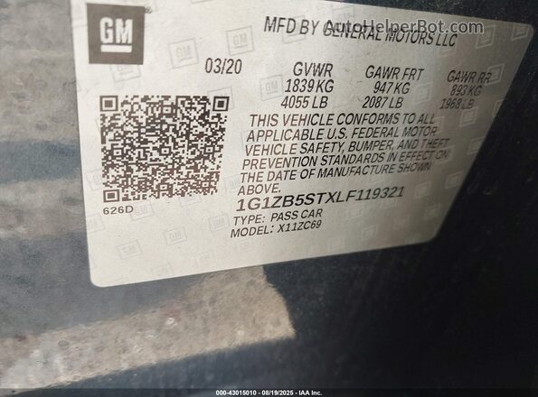 1G1ZB5STXLF119321 2020 CHEVROLET MALIBU Black Вид підкапотного простору