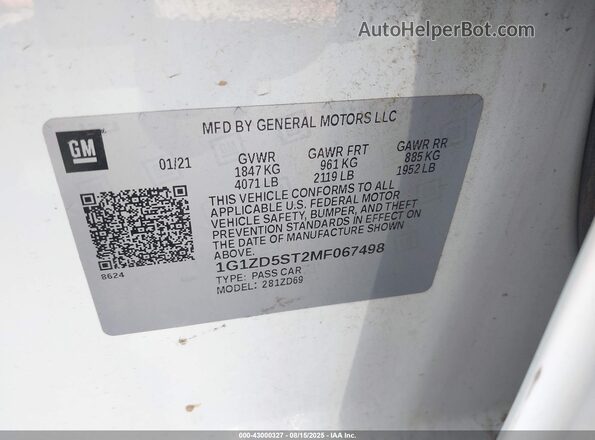 1G1ZD5ST2MF067498 2021 CHEVROLET MALIBU Белый Вид подкапотного пространства