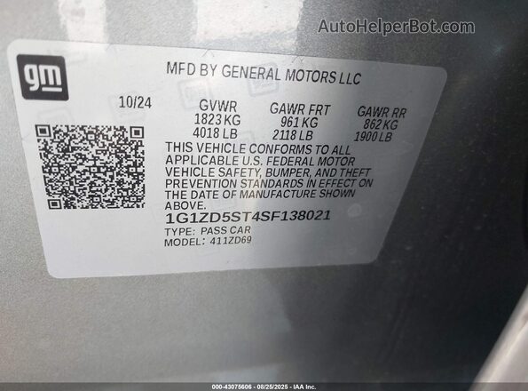 1G1ZD5ST4SF138021 2025 CHEVROLET MALIBU Silver 