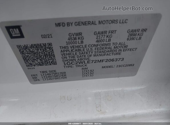 1GC2WLE72MF206373 2021 CHEVROLET SILVERADO White Vista de la etiqueta del VIN