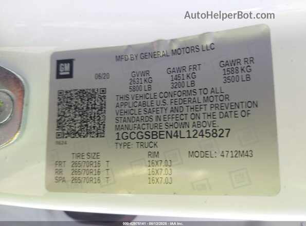 1GCGSBEN4L1245827 2020 CHEVROLET COLORADO White Vista del compartimento del motor