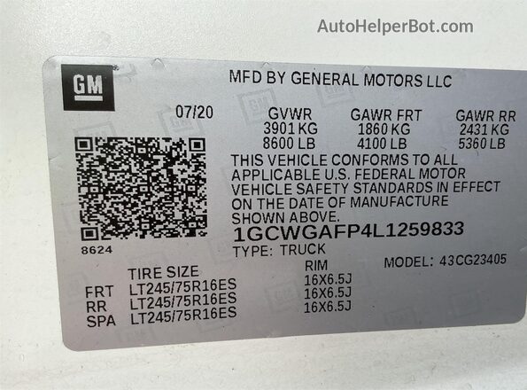 1GCWGAFP4L1259833 2020 CHEVROLET EXPRESS  