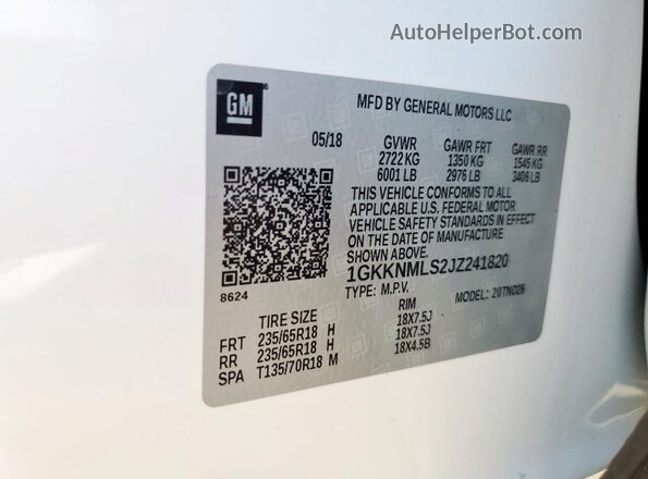 1GKKNMLS2JZ241820 2018 GMC ACADIA White 