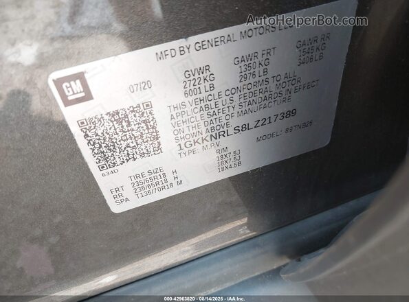 1GKKNRLS8LZ217389 2020 GMC ACADIA Gray Vista del compartimento del motor