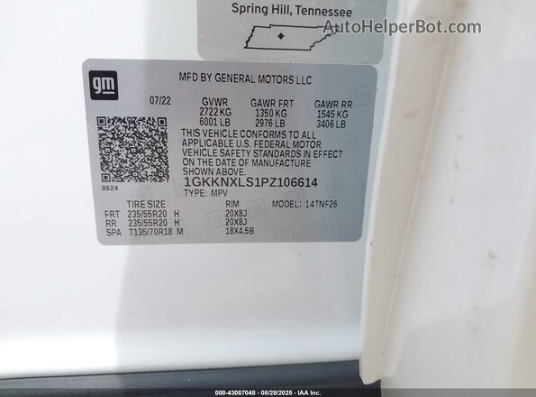 1GKKNXLS1PZ106614 2023 GMC ACADIA White 