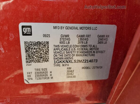 1GKKNXLS2MZ214073 2021 GMC ACADIA Red 360 interior view
