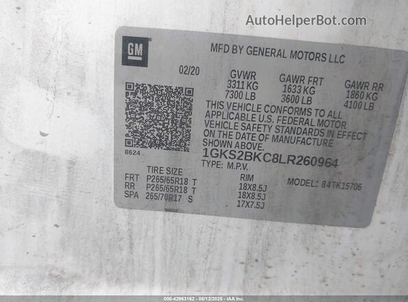 1GKS2BKC8LR260964 2020 GMC YUKON White Engine compartment view
