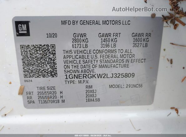 1GNERGKW2LJ325809 2020 CHEVROLET TRAVERSE White Շարժիչի բաժամունքի տեսք