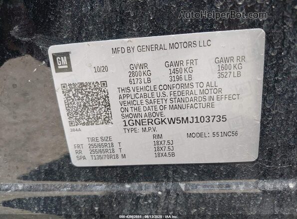 1GNERGKW5MJ103735 2021 CHEVROLET TRAVERSE Gray ძრავის განყოფილების ხედი