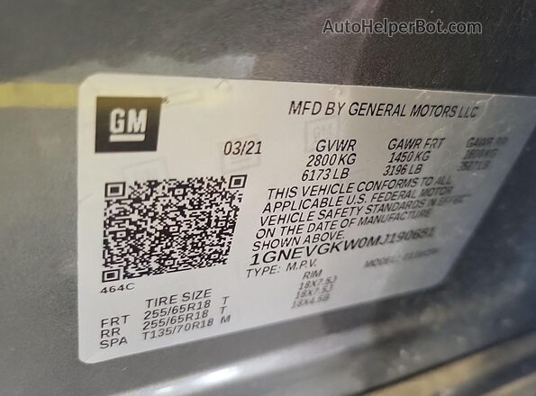 1GNEVGKW0MJ190651 2021 CHEVROLET TRAVERSE  Вид панелі приладів