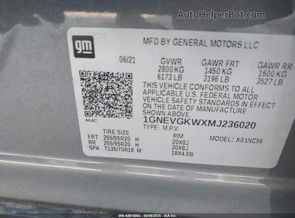 1GNEVGKWXMJ236020 2021 CHEVROLET TRAVERSE Gray ძრავის განყოფილების ხედი