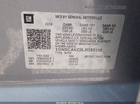 1GNSCAKC9LR193155 2020 CHEVROLET TAHOE Gray Engine compartment view
