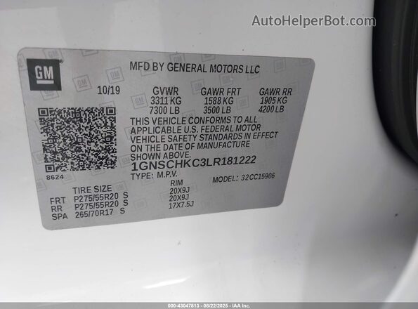 1GNSCHKC3LR181222 2020 CHEVROLET SUBURBAN White ძრავის განყოფილების ხედი