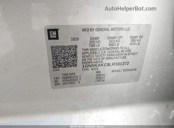 1GNSKAKC8LR181372 2020 CHEVROLET TAHOE Silver Vista del compartimento del motor