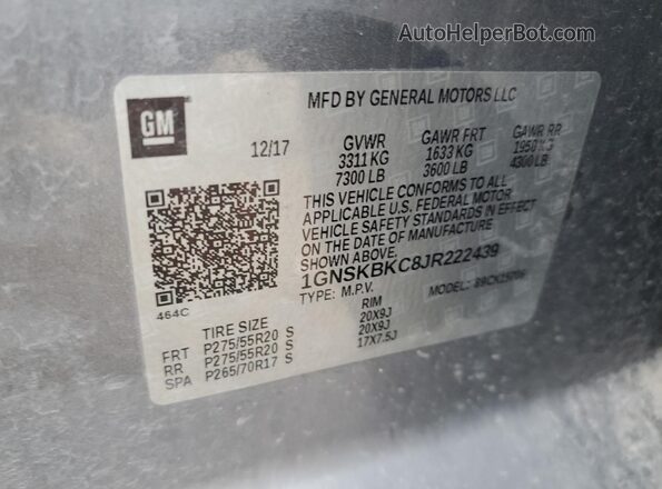 1GNSKBKC8JR222439 2018 CHEVROLET TAHOE Silver 