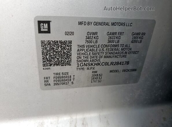 1GNSKHKC0LR284178 2020 CHEVROLET SUBURBAN Silver Вид наклейки з VIN-кодом