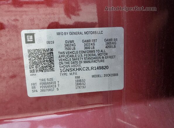 1GNSKHKC2LR149820 2020 CHEVROLET SUBURBAN Burgundy 360 interior view