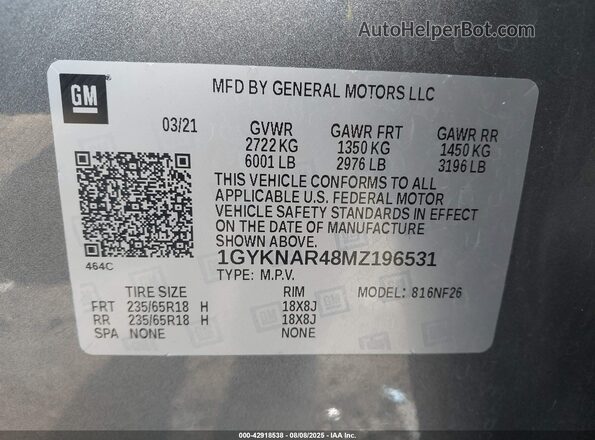1GYKNAR48MZ196531 2021 CADILLAC XT5 Серый Вид подкапотного пространства