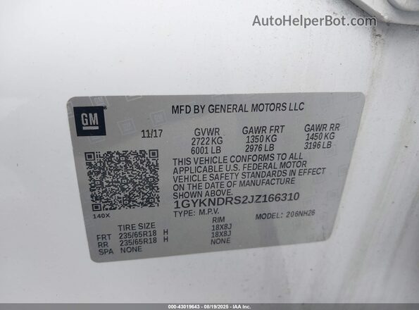 1GYKNDRS2JZ166310 2018 CADILLAC XT5 White 
