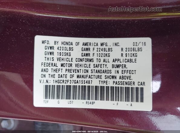 1HGCR2F37GA155487 2016 HONDA ACCORD Maroon Engine compartment view