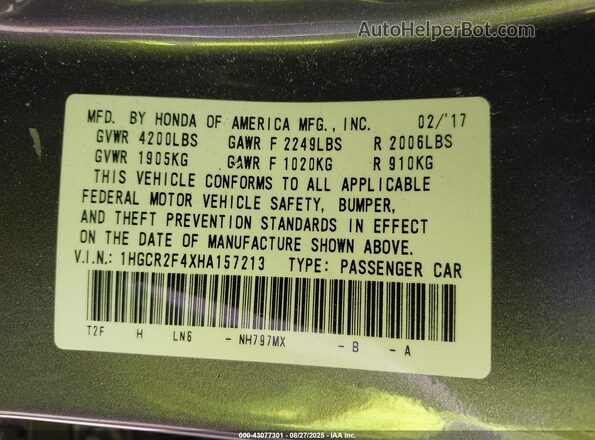 1HGCR2F4XHA157213 2017 HONDA ACCORD Gray Engine compartment view