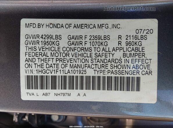 1HGCV1F11LA101925 2020 HONDA ACCORD Gray Vista del compartimento del motor