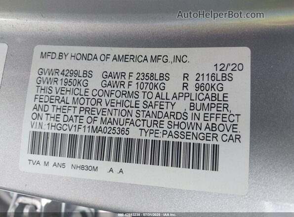 1HGCV1F11MA025365 2021 HONDA ACCORD Silver ძრავის განყოფილების ხედი