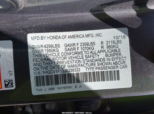 1HGCV1F13JA258322 2018 HONDA ACCORD Серый 