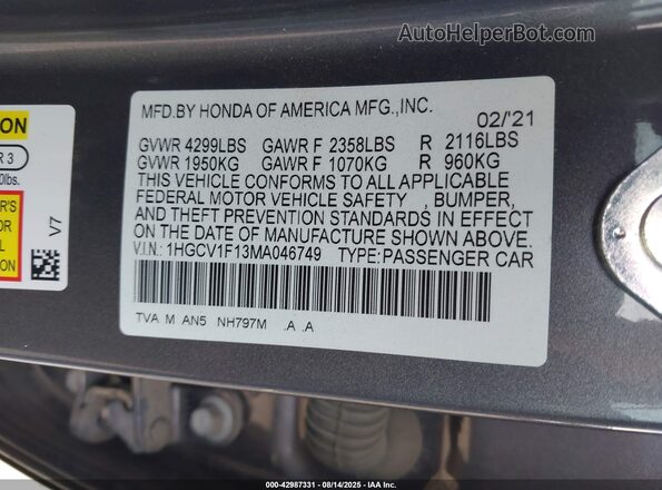 1HGCV1F13MA046749 2021 HONDA ACCORD Серый Вид подкапотного пространства