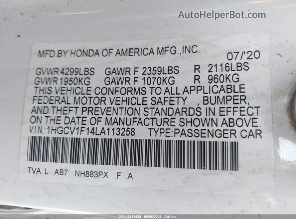 1HGCV1F14LA113258 2020 HONDA ACCORD White Widok komory silnika