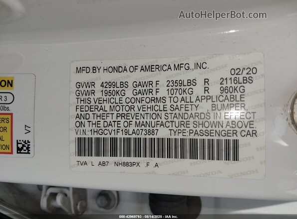 1HGCV1F19LA073887 2020 HONDA ACCORD Белый Вид подкапотного пространства