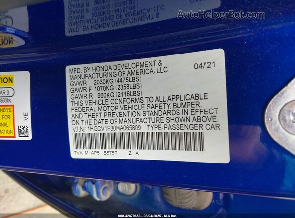 1HGCV1F30MA065809 2021 HONDA ACCORD Blue Engine compartment view