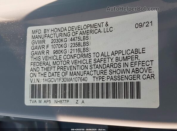 1HGCV1F30MA107640 2021 HONDA ACCORD Gray Vista del compartimento del motor