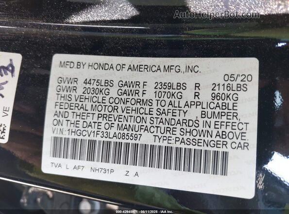 1HGCV1F33LA085597 2020 HONDA ACCORD Black Вид підкапотного простору