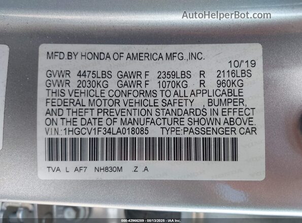 1HGCV1F34LA018085 2020 HONDA ACCORD SEDAN SPORT W Серебряный 