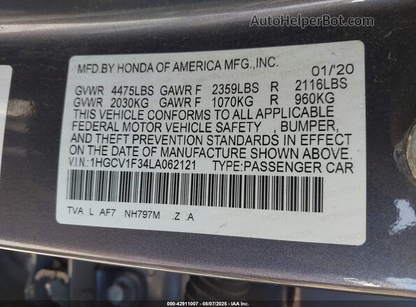 1HGCV1F34LA062121 2020 HONDA ACCORD Gray Շարժիչի բաժամունքի տեսք