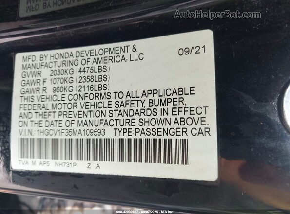 1HGCV1F35MA109593 2021 HONDA ACCORD Black Vista del compartimento del motor