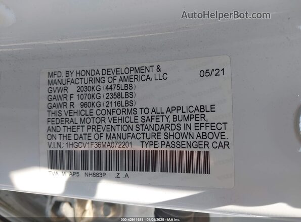 1HGCV1F36MA072201 2021 HONDA ACCORD White Вид підкапотного простору