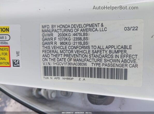 1HGCV1F36NA038096 2022 HONDA ACCORD Белый Вид подкапотного пространства