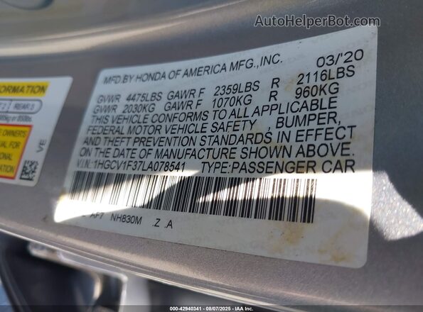 1HGCV1F37LA078541 2020 HONDA ACCORD Silver Շարժիչի բաժամունքի տեսք