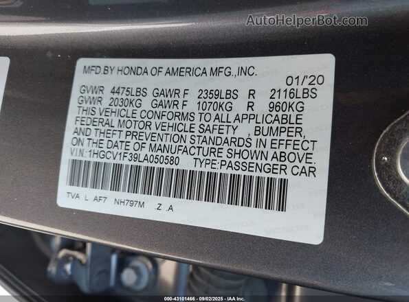 1HGCV1F39LA050580 2020 HONDA ACCORD Gray ძრავის განყოფილების ხედი