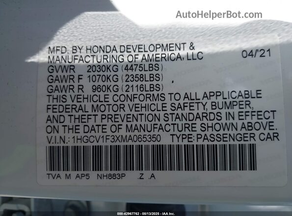 1HGCV1F3XMA065350 2021 HONDA ACCORD White Շարժիչի բաժամունքի տեսք