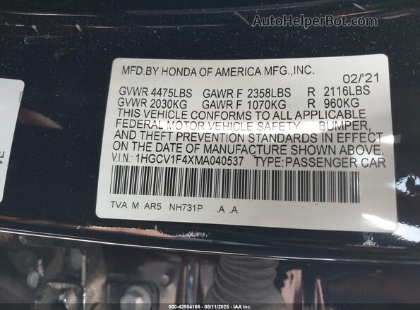 1HGCV1F4XMA040537 2021 HONDA ACCORD Черный Вид подкапотного пространства