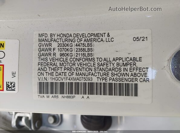 1HGCV1F4XMA075093 2021 HONDA ACCORD White Շարժիչի բաժամունքի տեսք