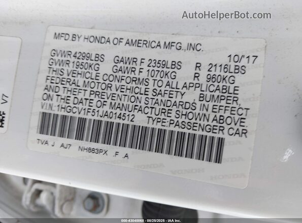 1HGCV1F51JA014512 2018 HONDA ACCORD White Vista del compartimento del motor